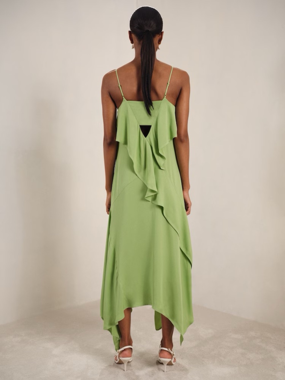 NWT Reiss green asymmetrical ruffle midi slip dress - wedding guest dress size 8 - Picture 2 of 8